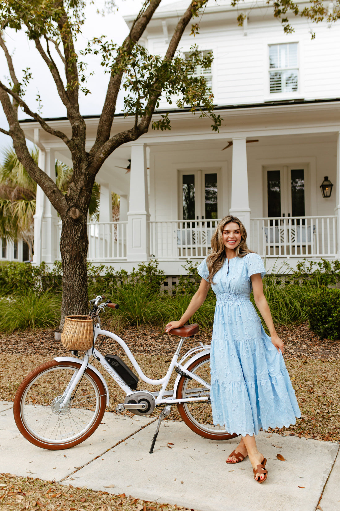 Sky Eyelet Cinched Waist Midi Dress