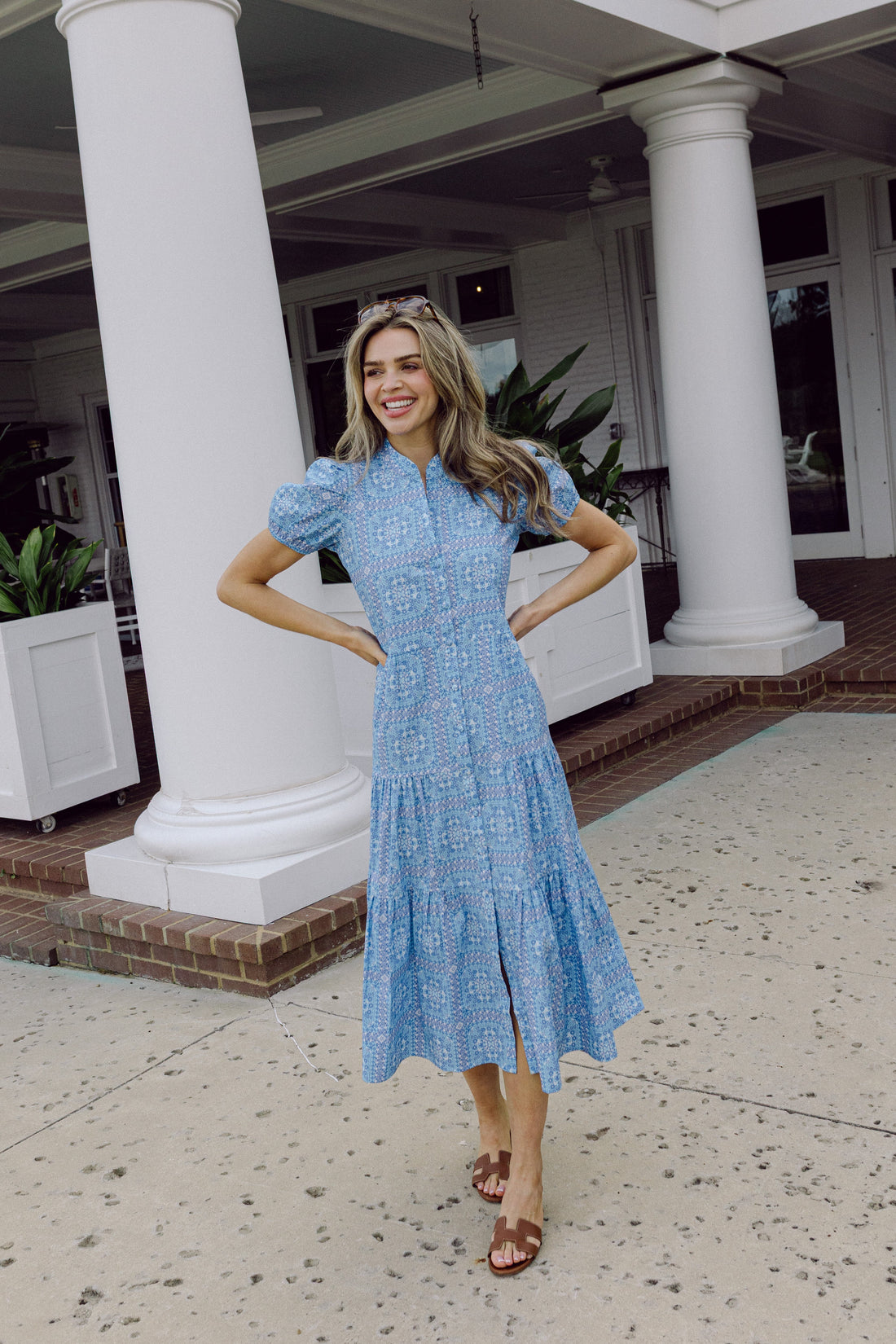Blue Floral Tile Puff Sleeve Maxi Shirt Dress