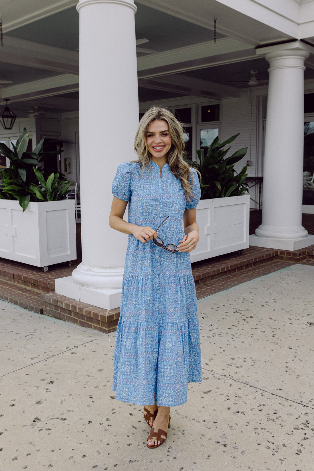 Blue Floral Tile Puff Sleeve Maxi Shirt Dress
