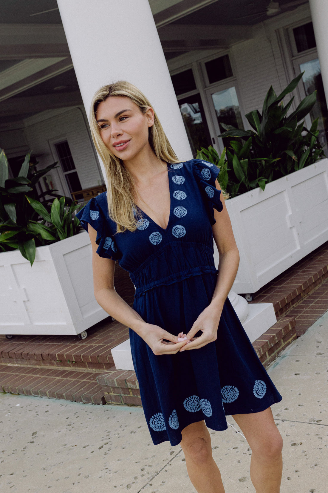 Navy V-Neck Flutter Sleeve Mini Dress