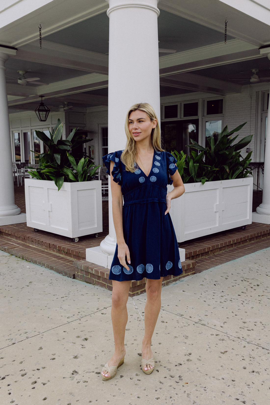 Navy V-Neck Flutter Sleeve Mini Dress