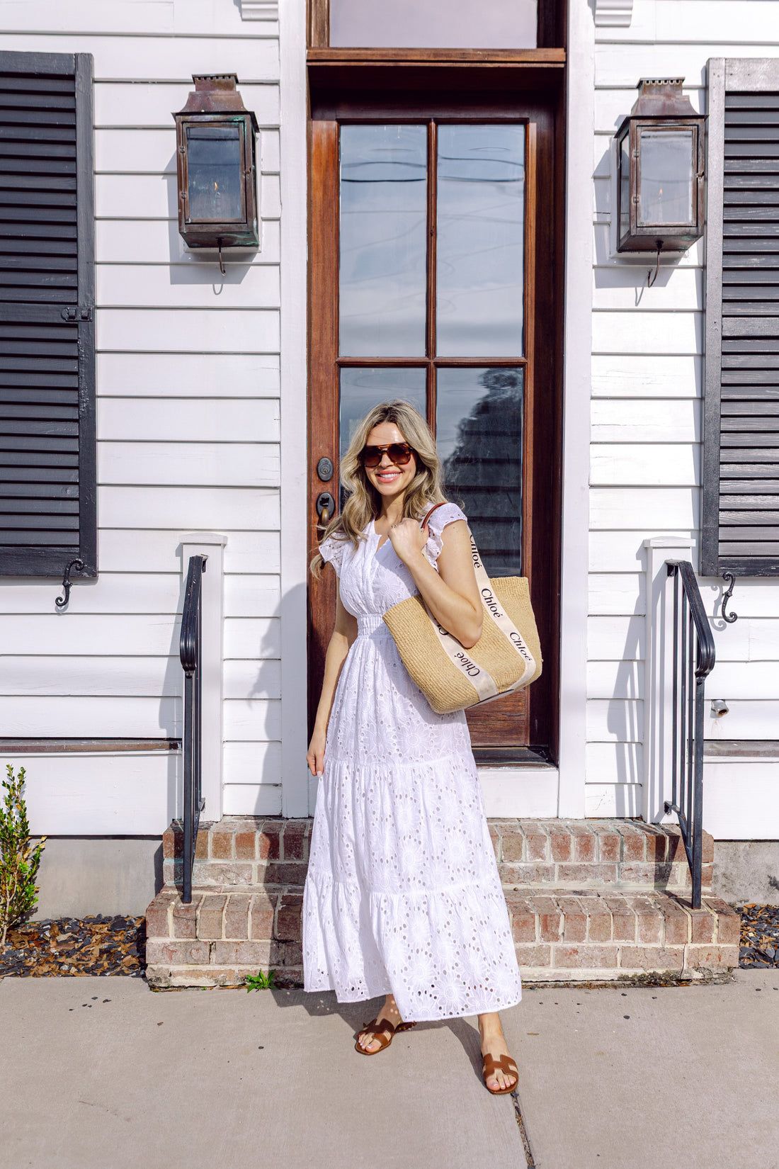White Eyelet Flutter Sleeve Button Front Midi Dress