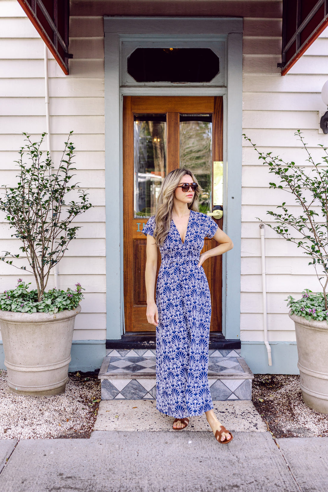 Navy Shell Eyelet Short Sleeve V-Neck Maxi Dress