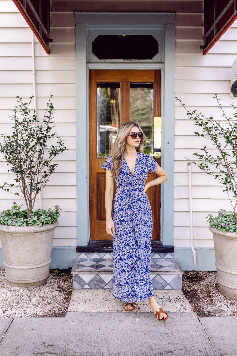 Sail to Sable NAVY Shell Eyelet Short Sleeve V-Neck Maxi Dress NAVY Shell / XS / SP26124