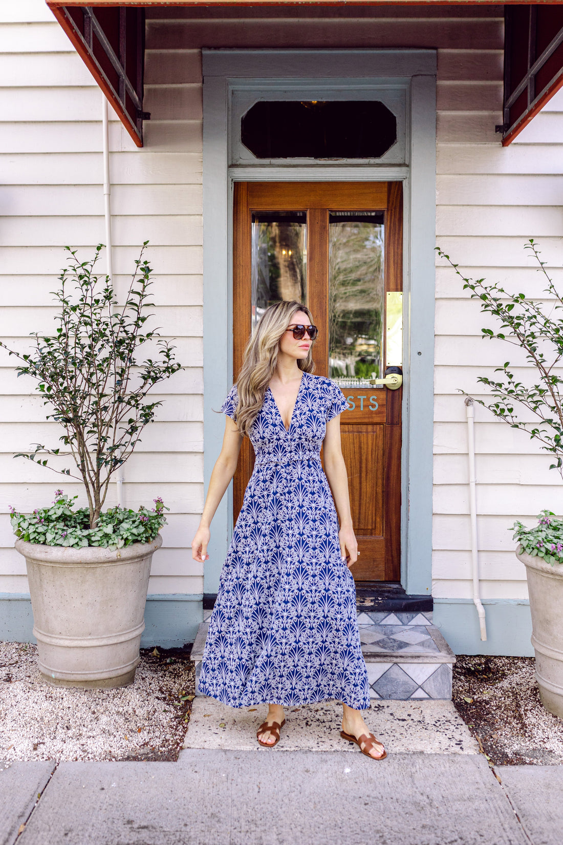 Navy Shell Eyelet Short Sleeve V-Neck Maxi Dress