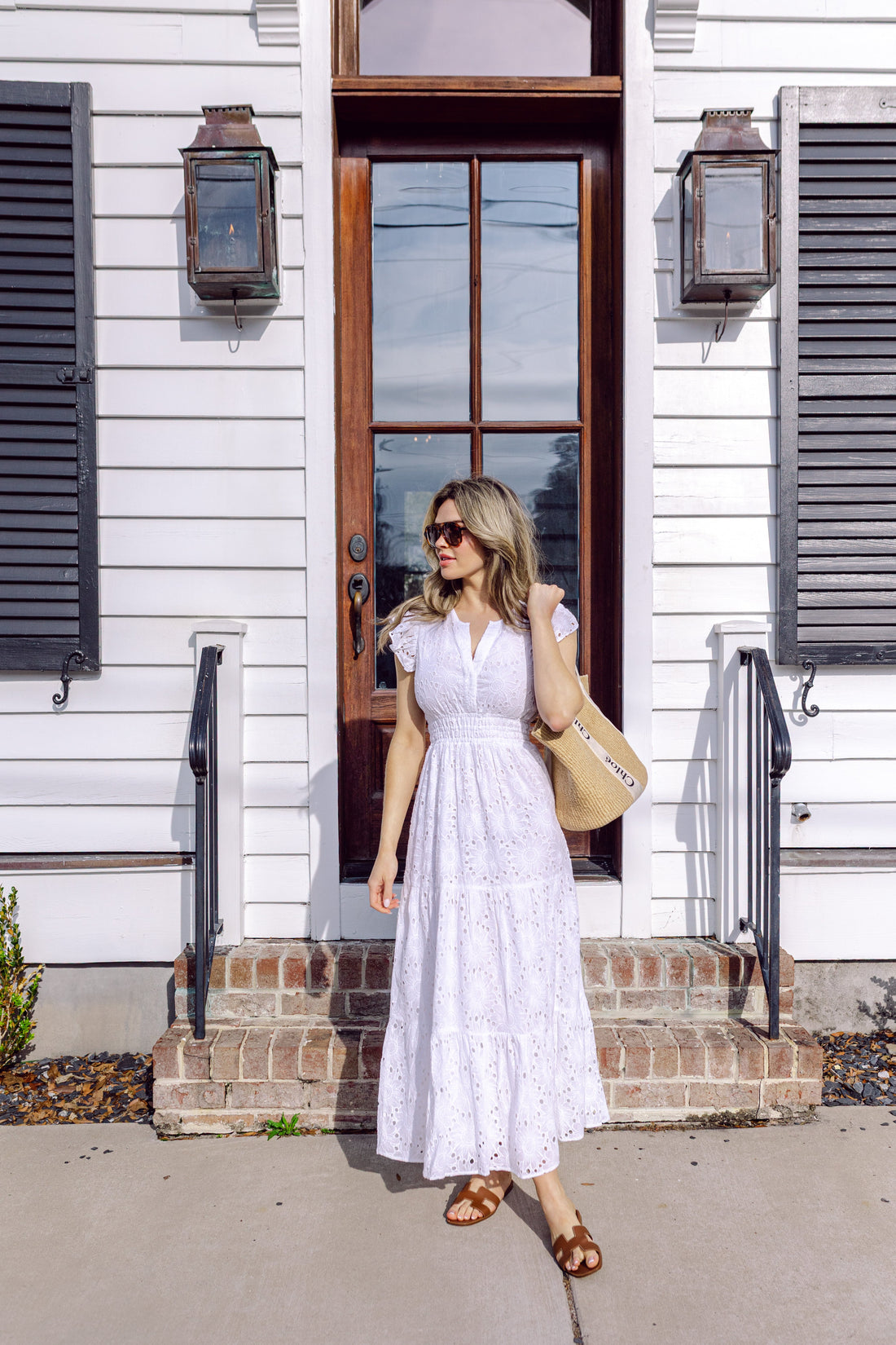 White Eyelet Flutter Sleeve Button Front Midi Dress