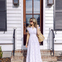 White Eyelet Flutter Sleeve Button Front Midi Dress