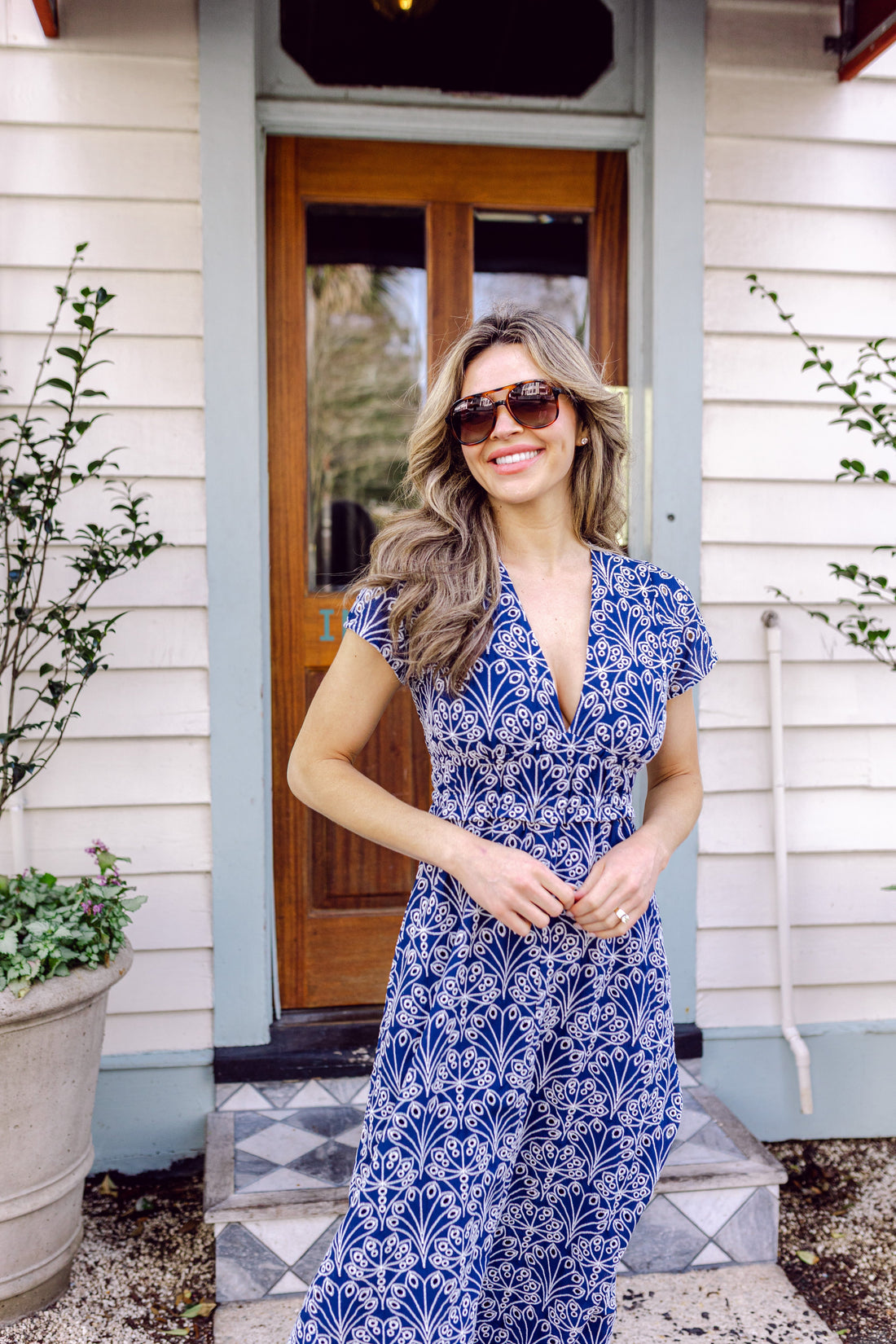 Navy Shell Eyelet Short Sleeve V-Neck Maxi Dress