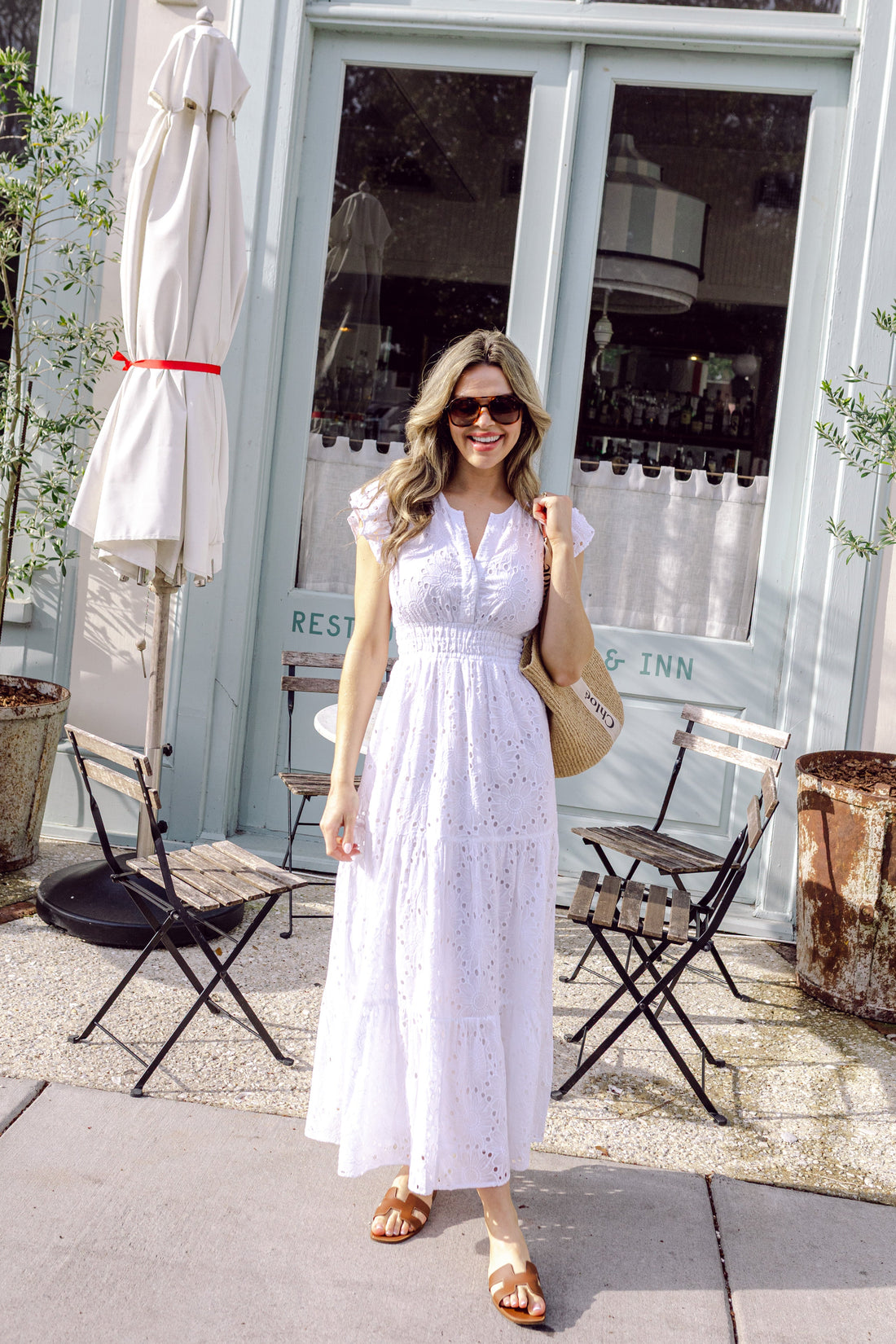 White Eyelet Flutter Sleeve Button Front Midi Dress