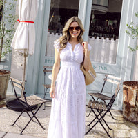 White Eyelet Flutter Sleeve Button Front Midi Dress