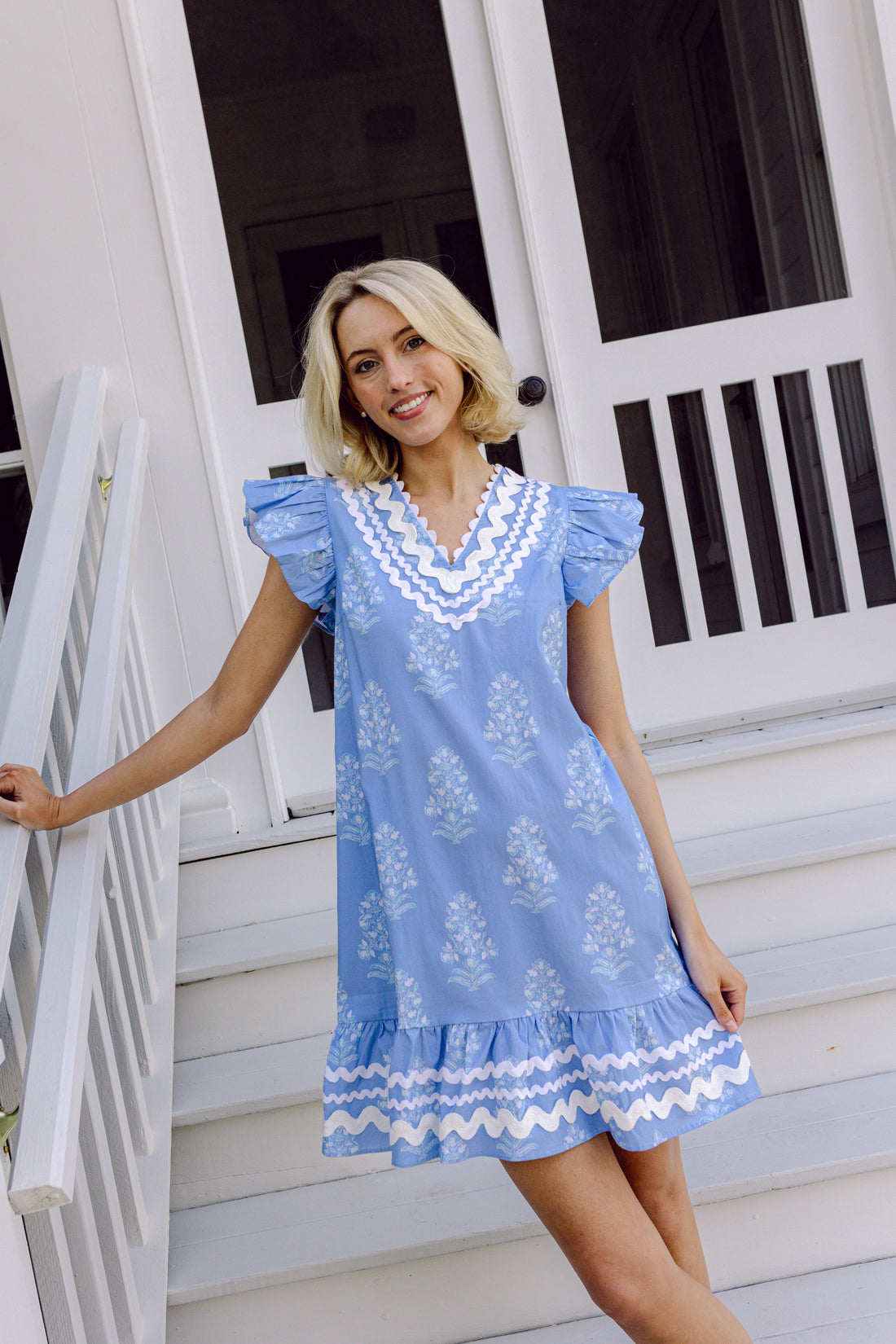 Blue Floral Ruffle Hem Mini Dress