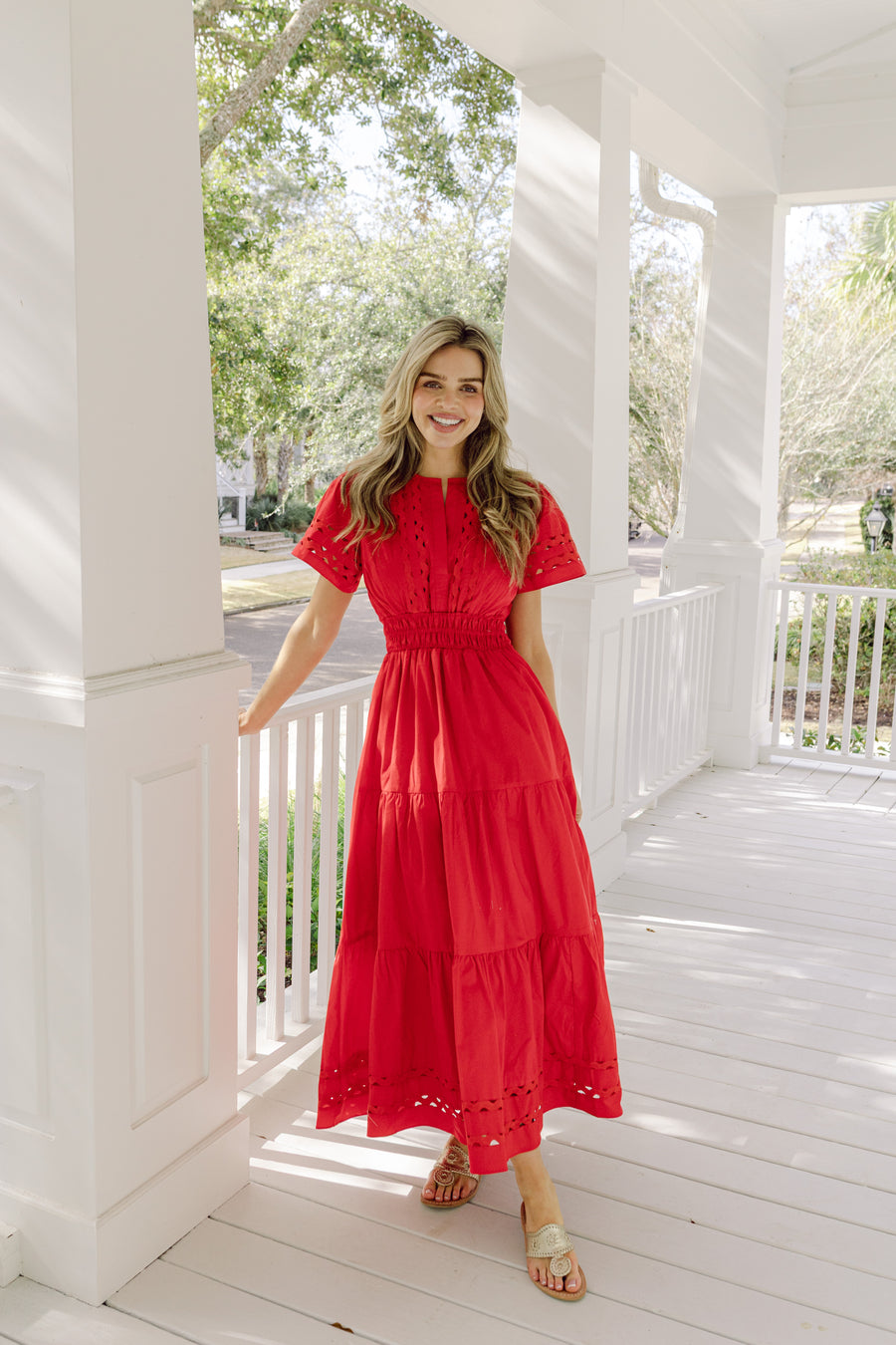 Sail to Sable RED Short Sleeve Cinched Waist Maxi Dress with Ric-Rac Inlay RED / XS / SU26317