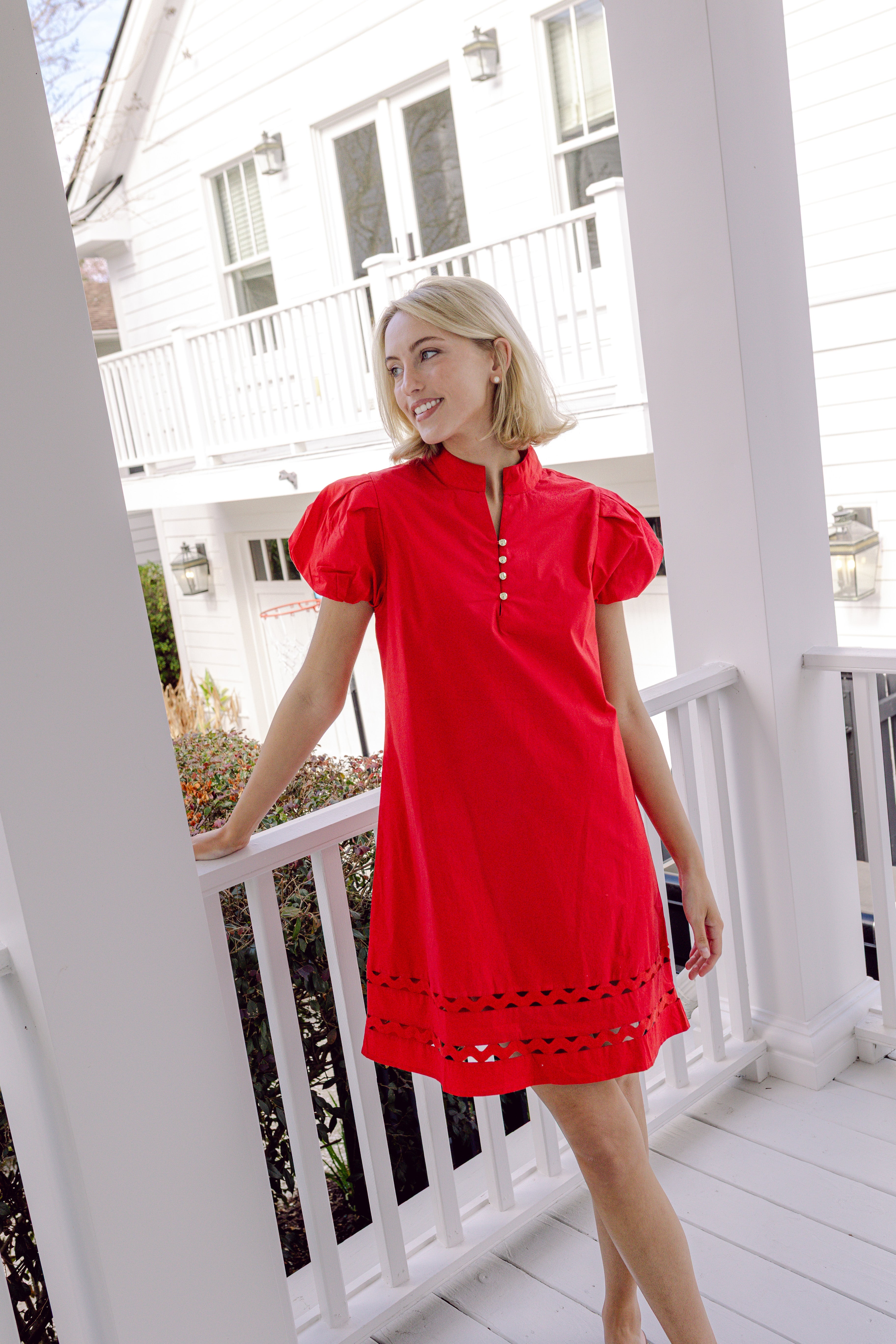 red dress short sleeve Button Front Puff Mini with Ric-Rac Inlay RED / M / SU2622R OCT22_FLASH Round neck Length Light Green Satin Long Back option:Concealed Zipper