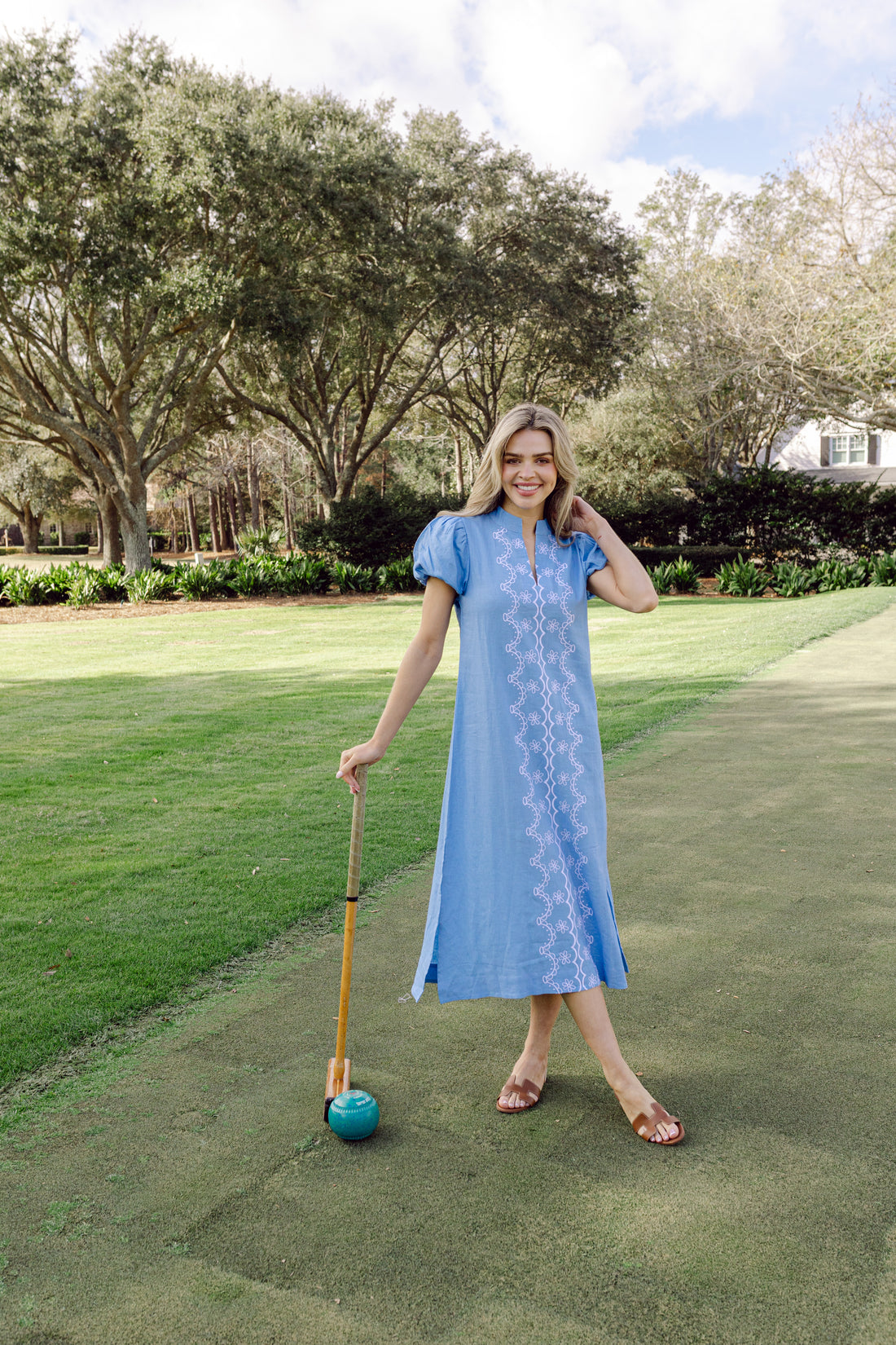 Blue Embriodered Puff Sleeve Midi Tunic
