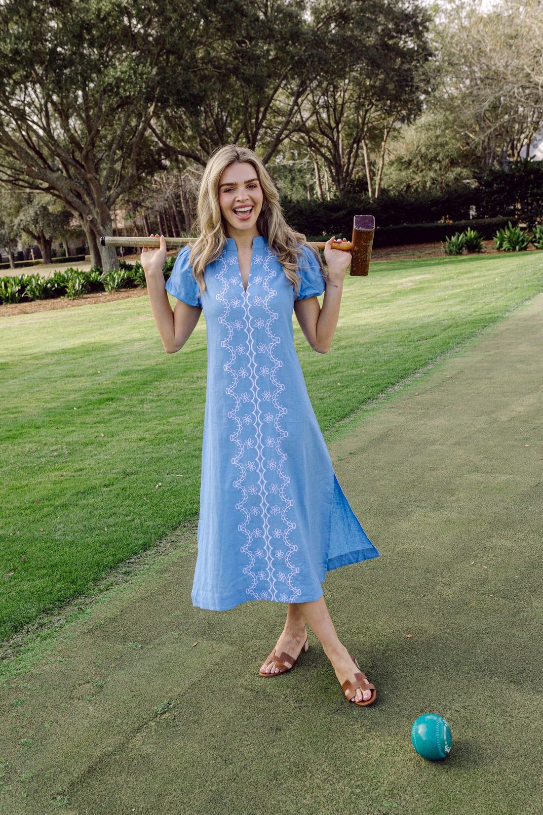 Blue Embriodered Puff Sleeve Midi Tunic