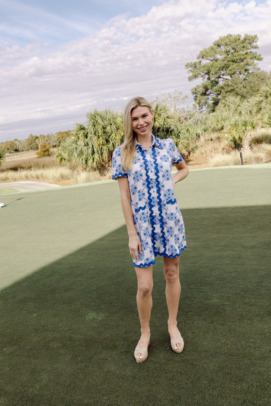 PRE-ORDER Floral Tile Short Sleeve Shift with Ric-Rac