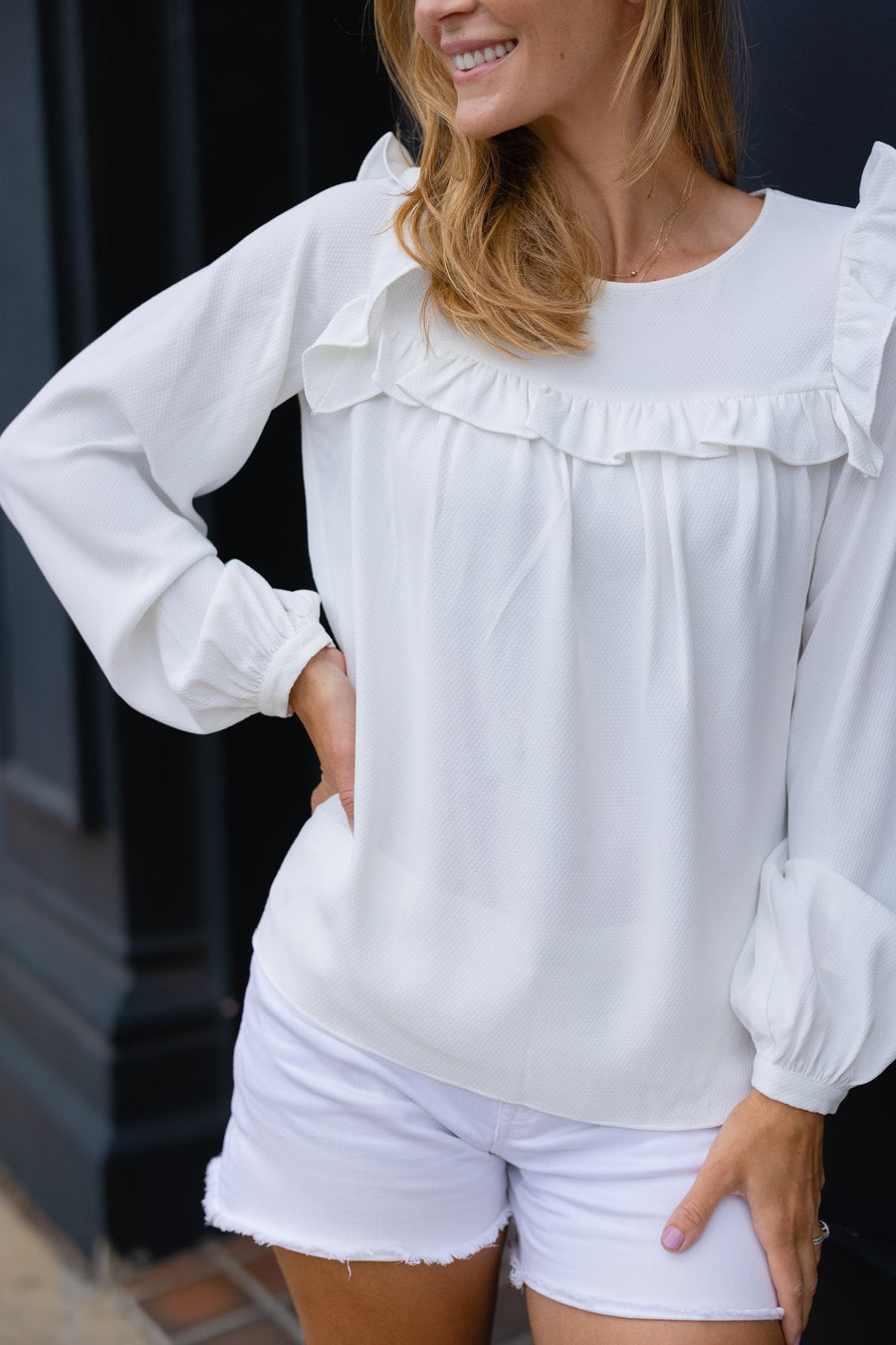 Ivory Textured Ruffle Front Top