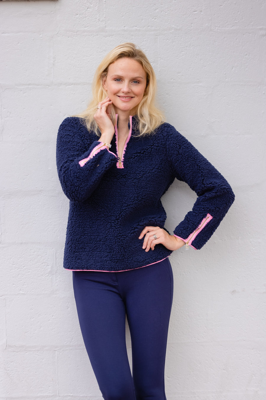 Sherpa Zip Front Top with Pink Trim