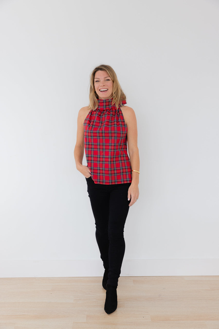 Red Plaid Sleeveless Cowl Neck Top