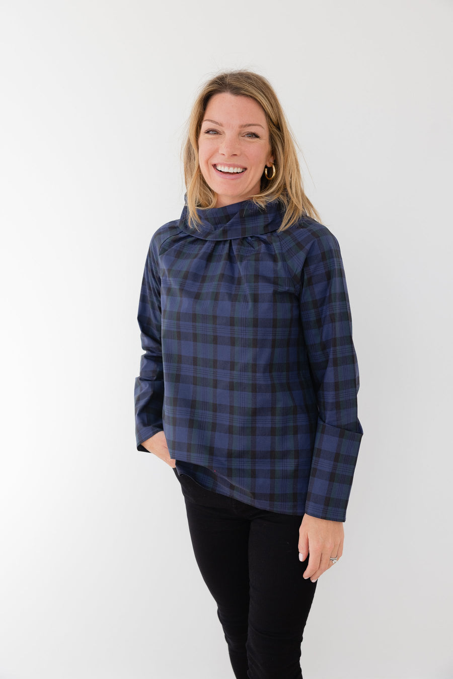 Blackwatch Plaid Long Sleeve Cowl Neck Top