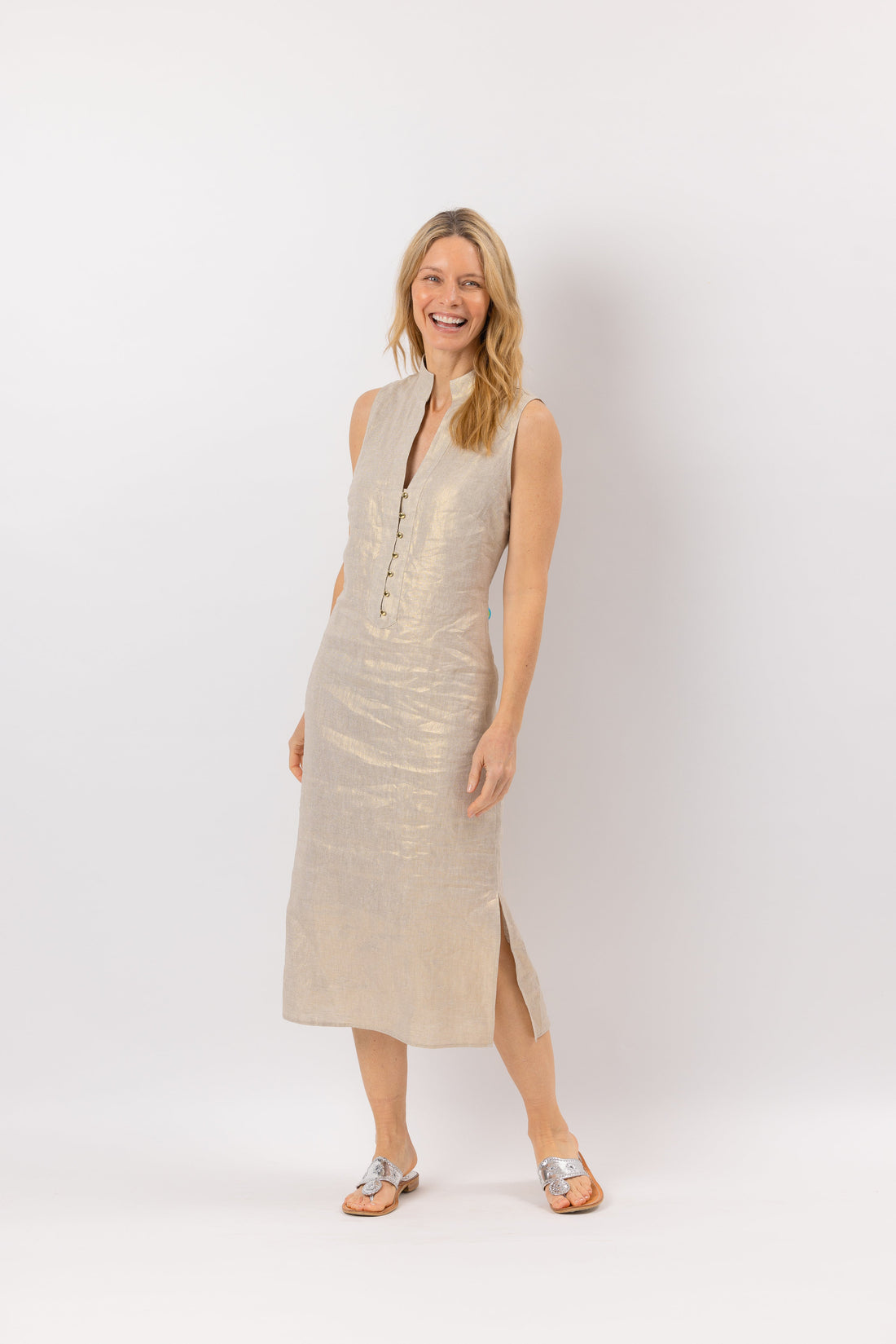 Gold Linen Button Front Midi Dress