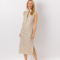 Gold Linen Button Front Midi Dress