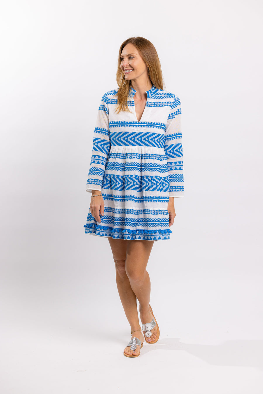 Blue Geo Stripe Jacquard Long Sleeve Tunic Dress