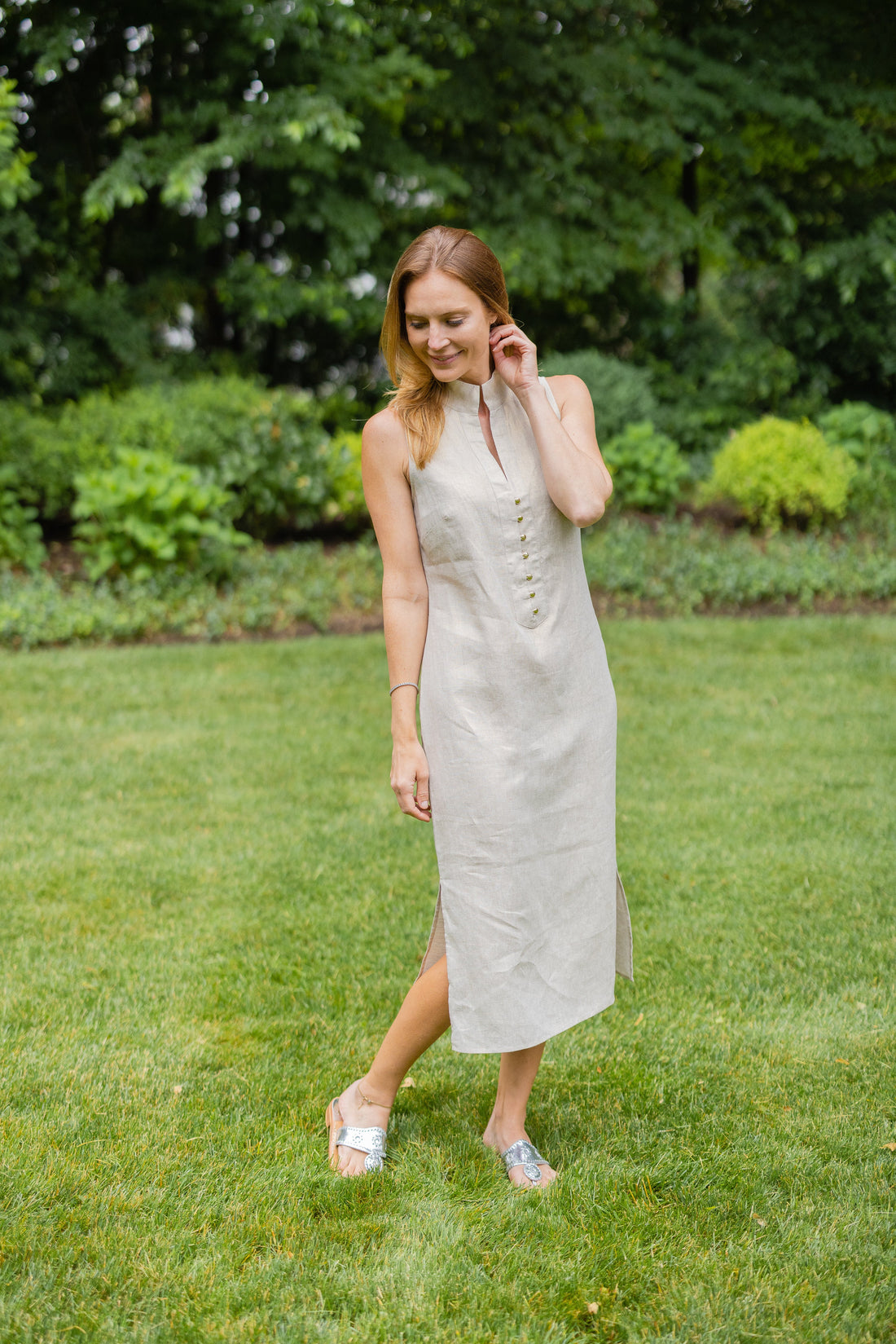 Gold Linen Button Front Midi Dress