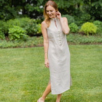 Gold Linen Button Front Midi Dress