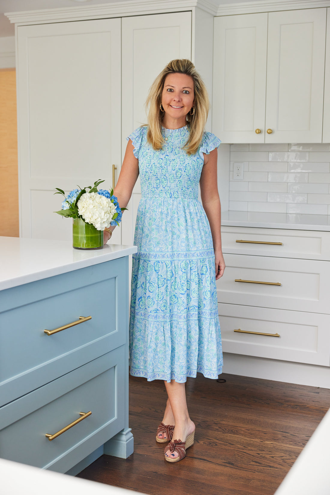 Blue Multi Smocked High Neck Midi Dress