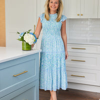 Blue Multi Smocked High Neck Midi Dress