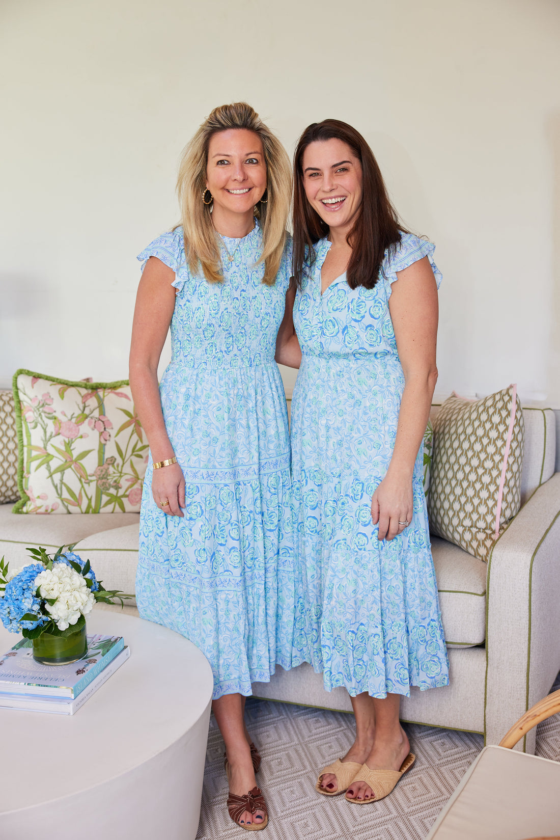 Blue Multi Smocked High Neck Midi Dress