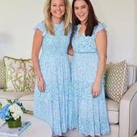 Blue Multi Smocked High Neck Midi Dress