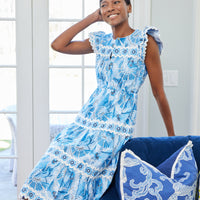 Blue CKB Print Flutter Sleeve Ric-Rac Midi Dress