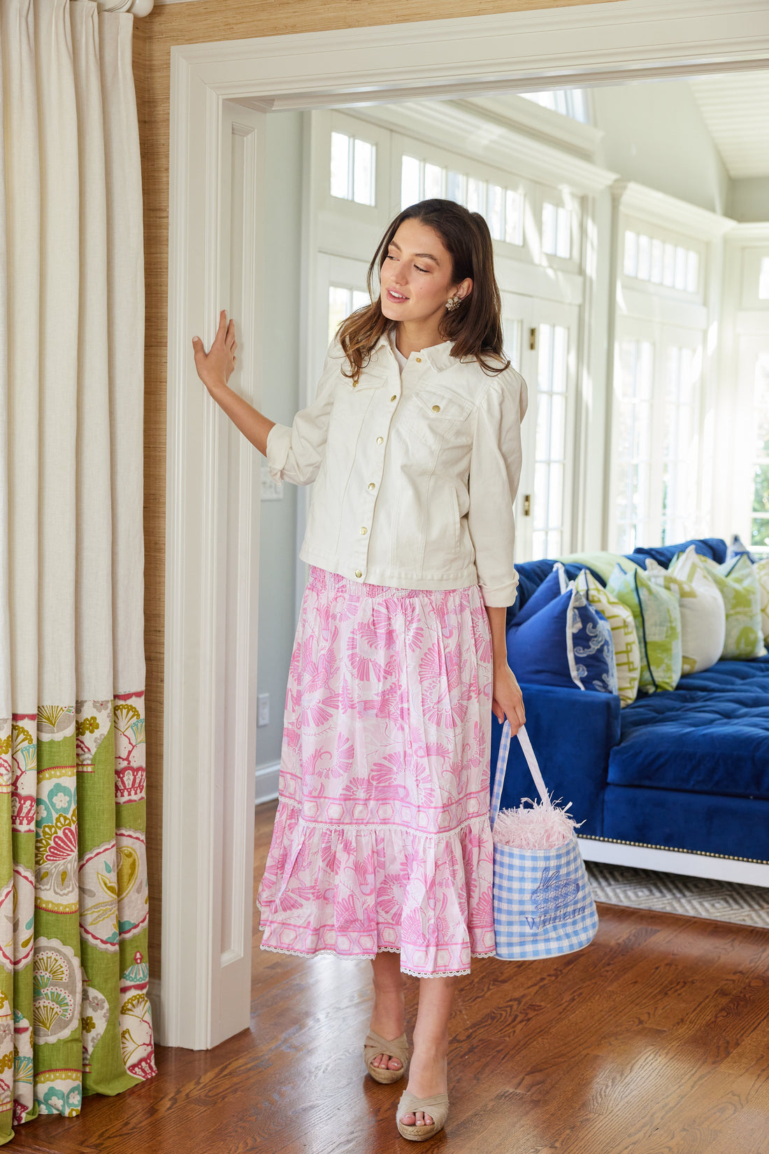 Pink CKB Print Smocked Waist Midi Skirt