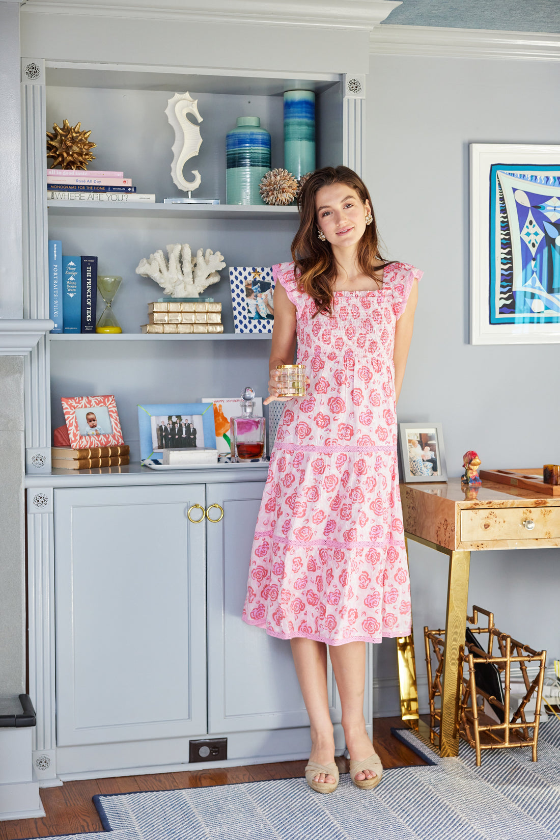 Pink Rose Print Flutter Sleeve Smocked Midi Dress