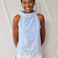 Blue Gingham Cowl Neck Top