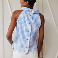 Blue Gingham Cowl Neck Top