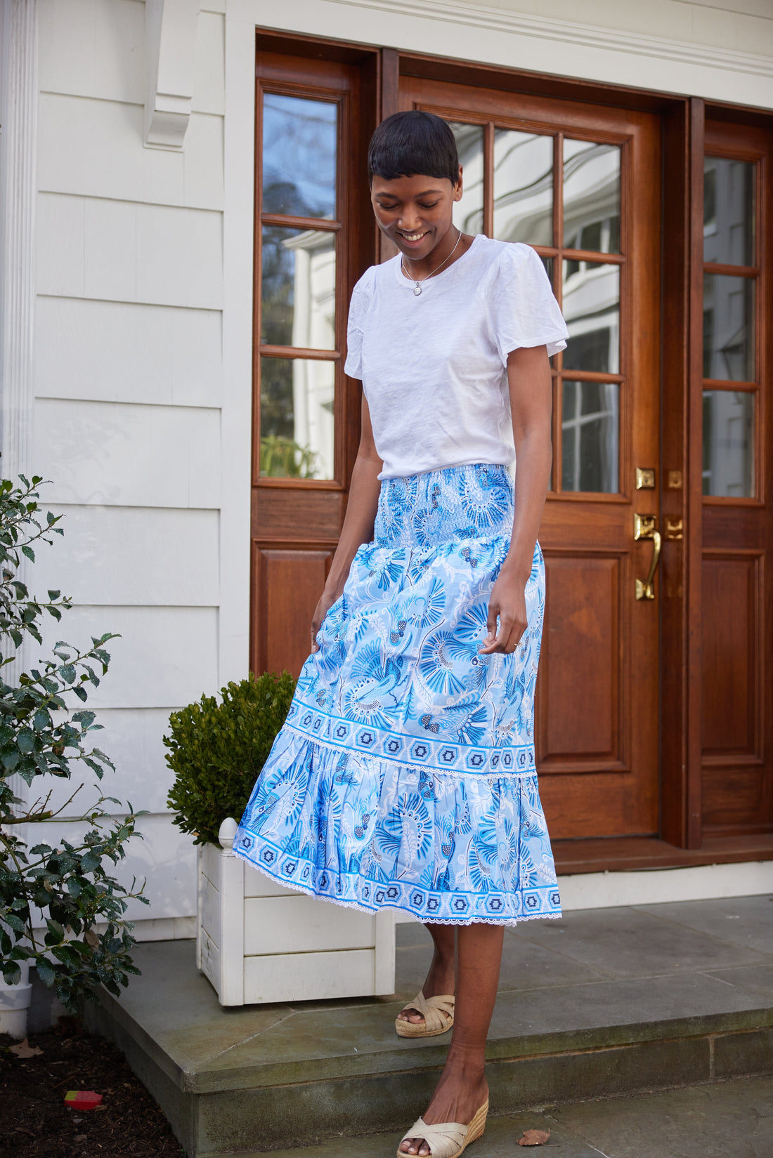 Blue CKB Print Smocked Midi Skirt