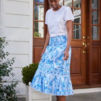 Blue CKB Print Smocked Midi Skirt