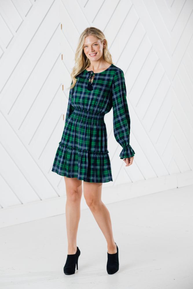 Plaid Long Sleeve Tassel Front Dress