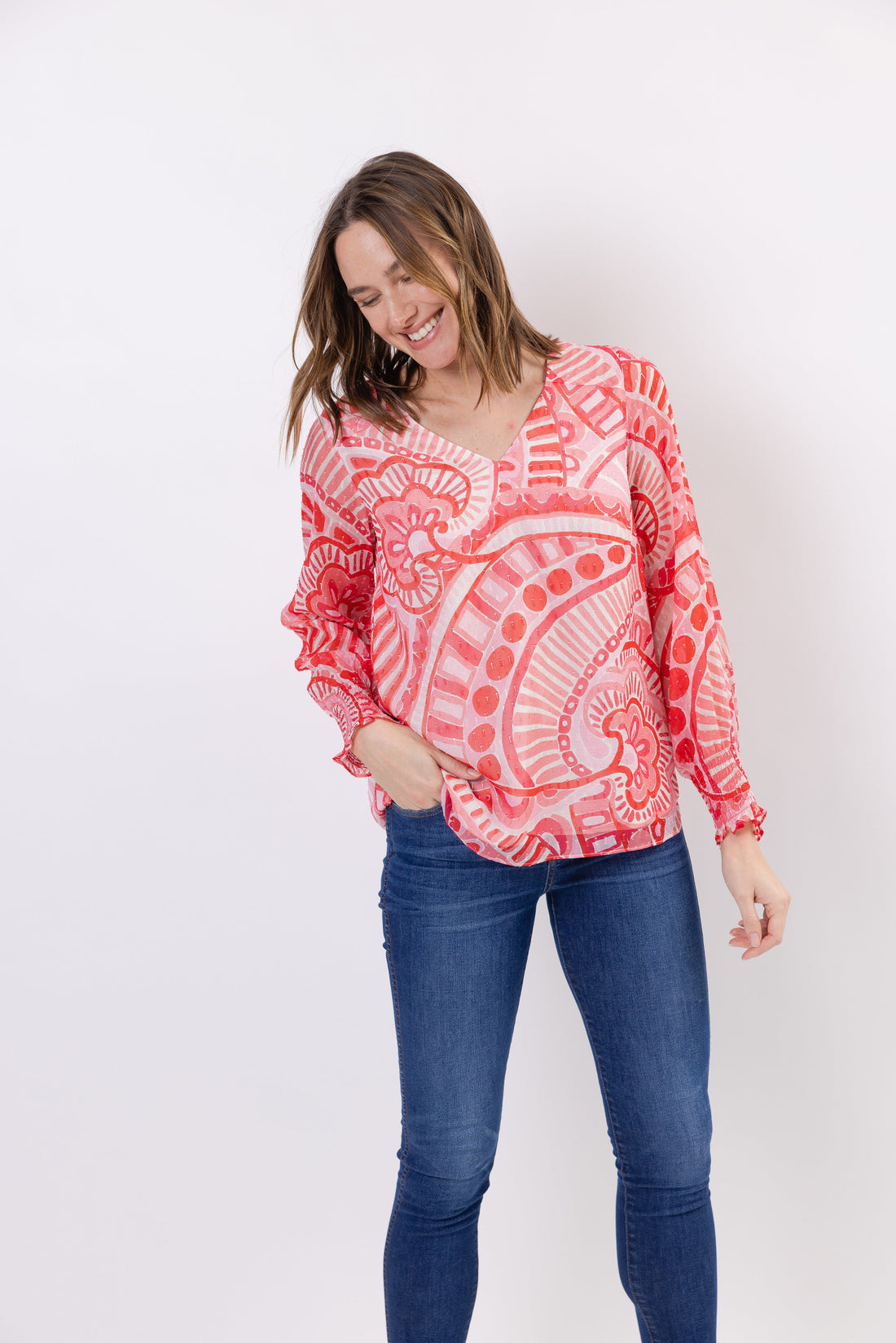 Kaleidoscope Print Metallic V-Neck Long Sleeve Top