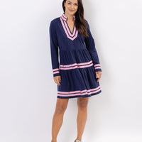 Navy Long Sleeve Fit & Flare Tunic Dress with Pink Trim