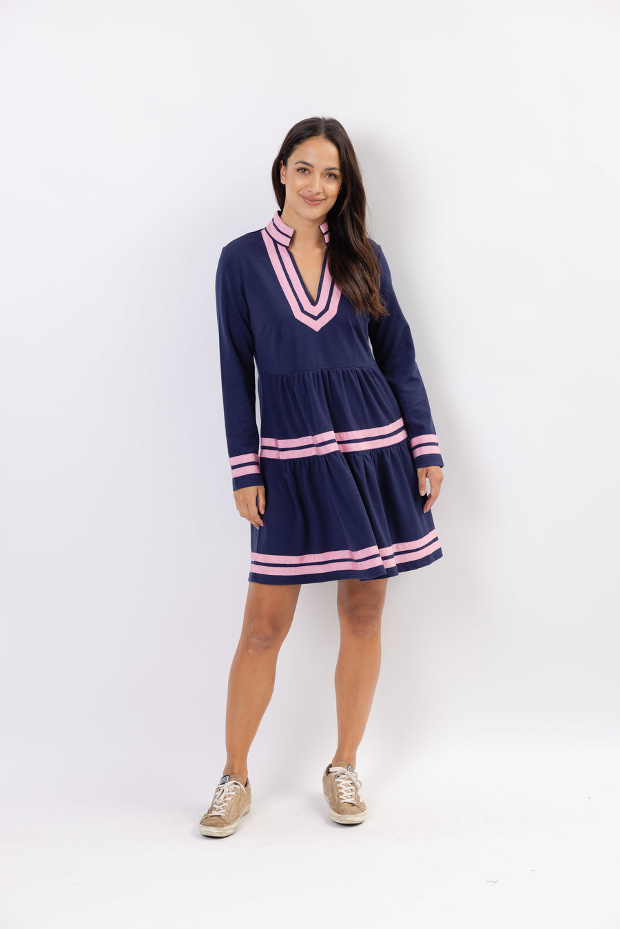 Navy Long Sleeve Fit & Flare Tunic Dress with Pink Trim