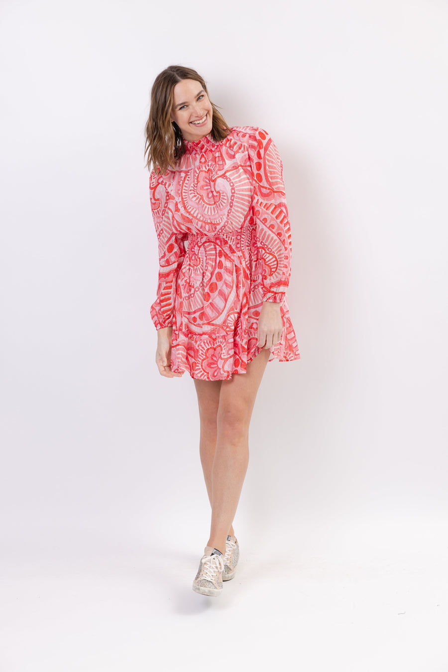 Kaleidoscope Print Metallic Smocked Neck Dress