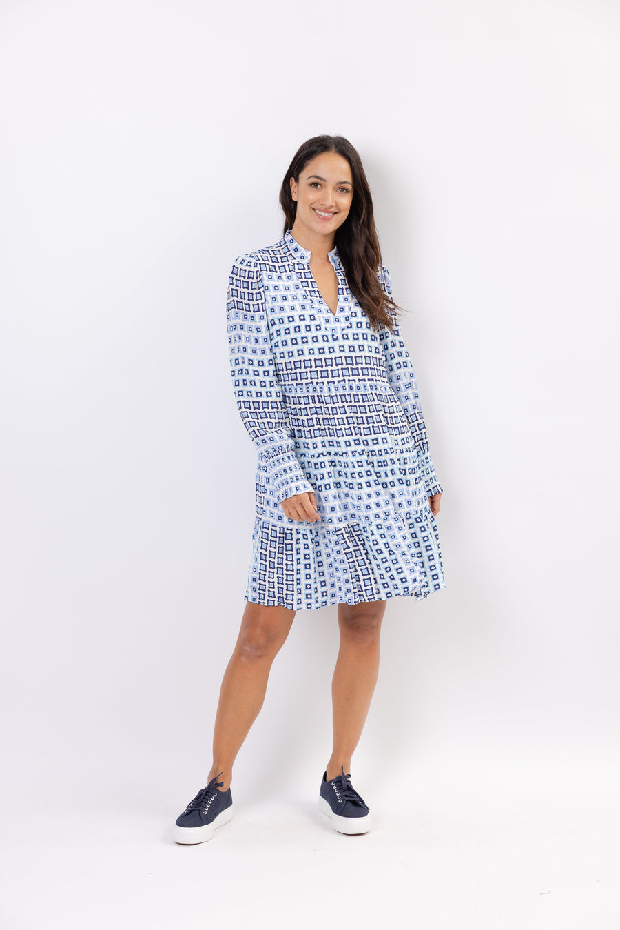 Square Pegs Print Long Sleeve Tunic Flare Dress