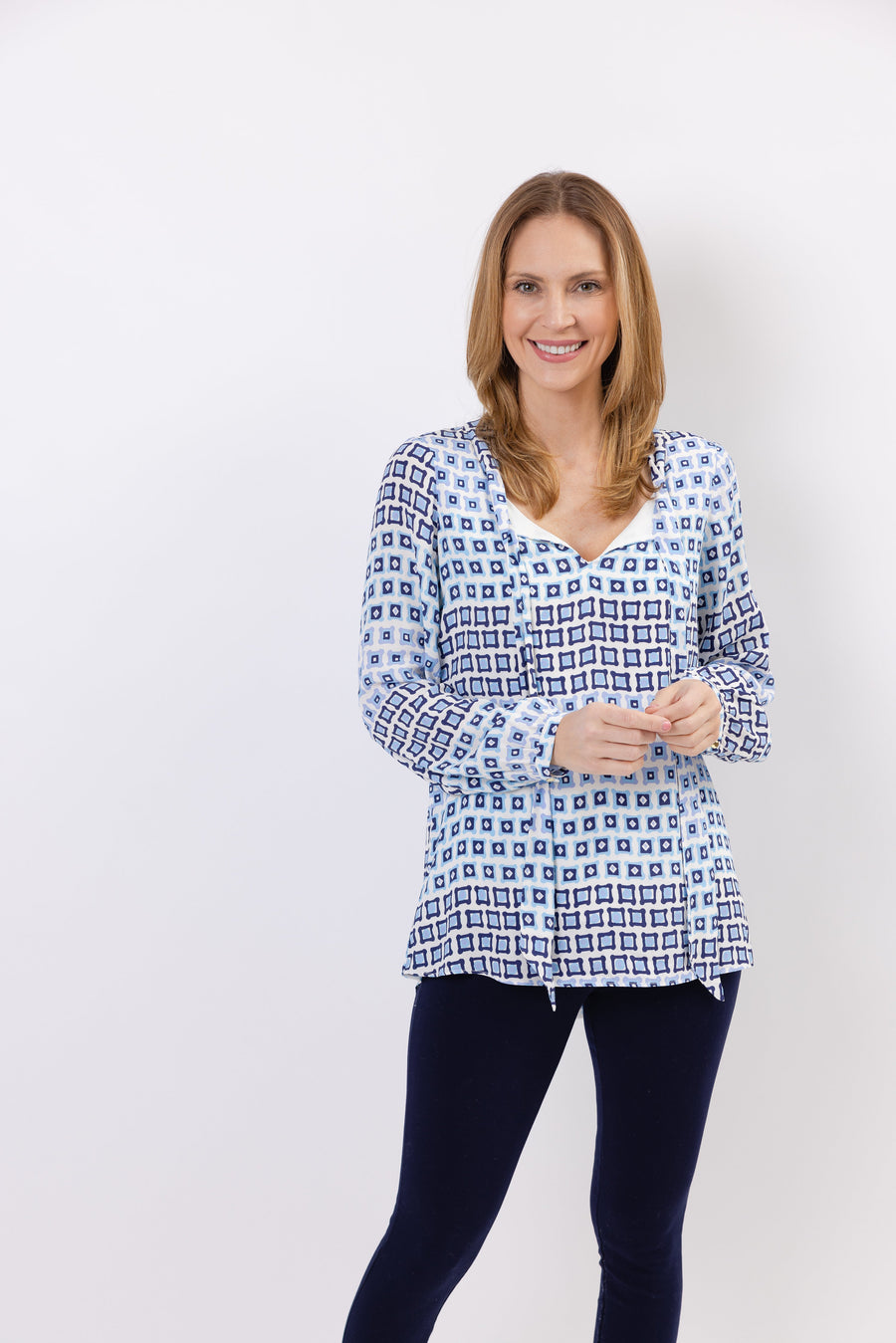 Square Pegs Print Bow Front Top