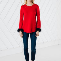 Long Sleeve Round Hem Sweater with Faux Fur (Two Colors Red or Black)