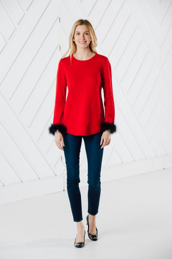 Long Sleeve Round Hem Sweater with Faux Fur (Two Colors Red or Black)