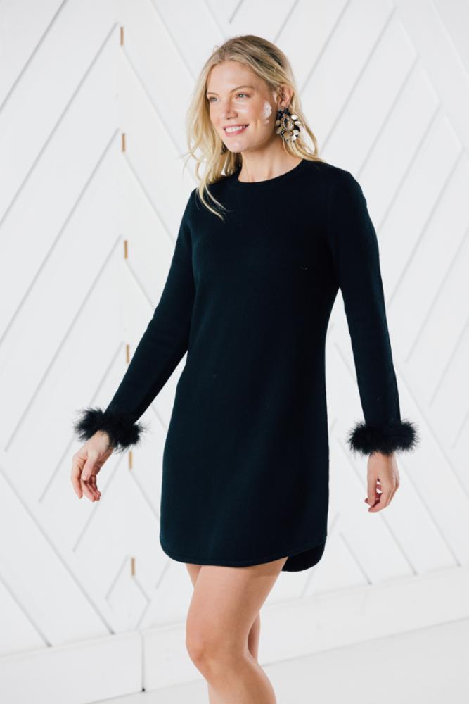 Long Sleeve Sweater Dress with Faux Fur (Two Colors Red or Black)
